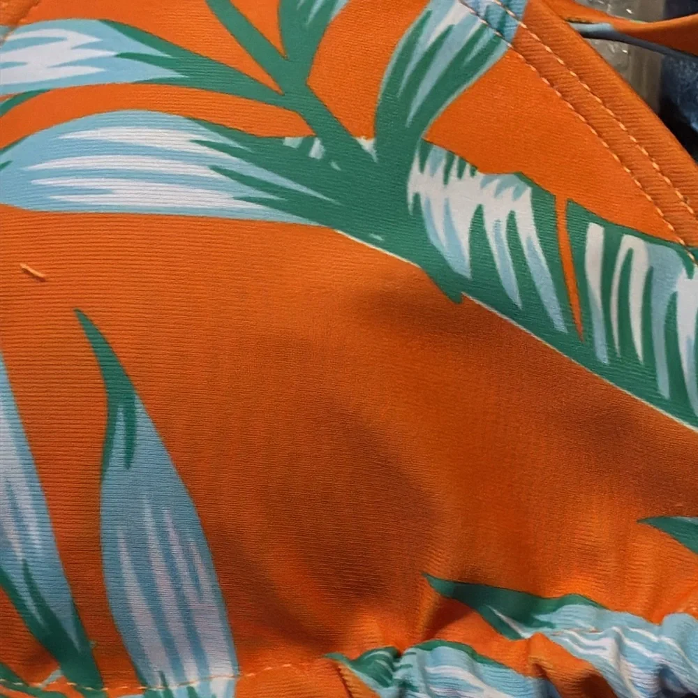 🚘Tropical Orange and Green Bikini 3 piece swim triangle halter top with rumper - Picture 9 of 13